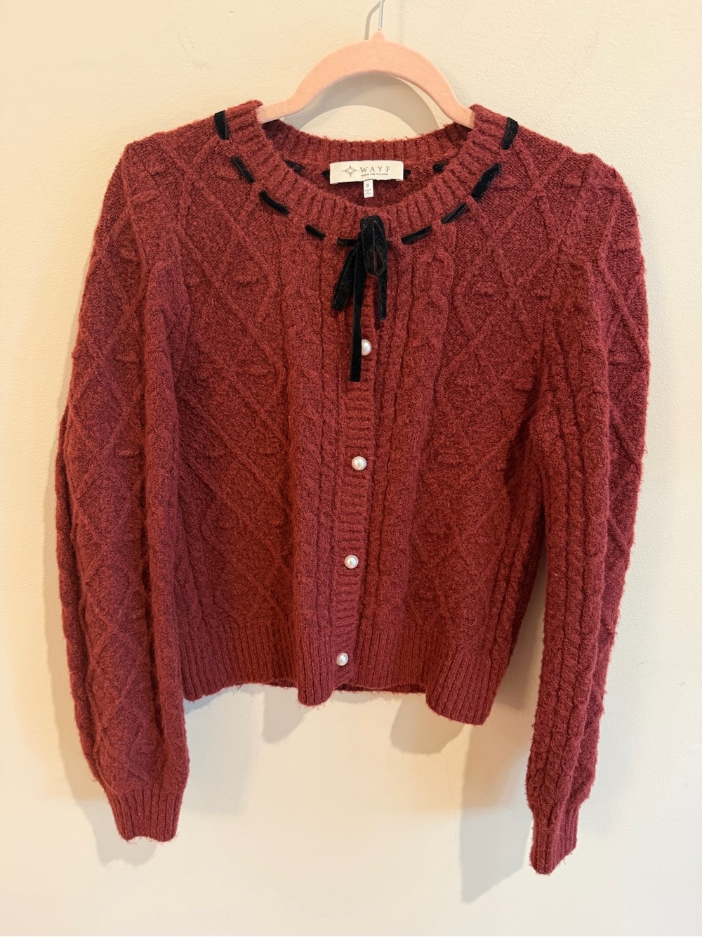 Wayf Wine Cable-Knit Pearl Button Cardigan with Black Velvet Tie